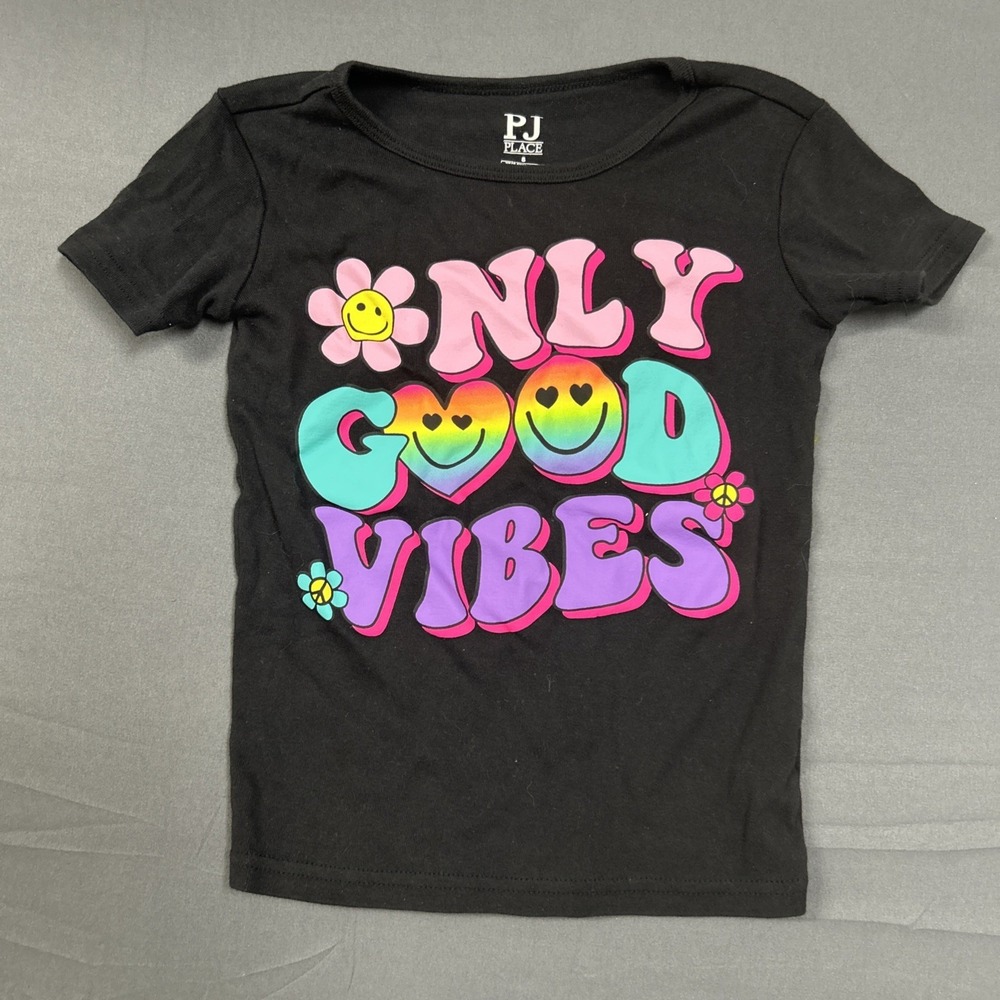 black PJ Place girls' graphic t-shirt  "Only Good Vibes" smiley face design